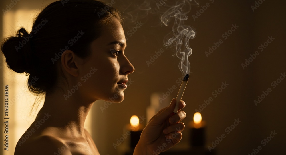 Obraz premium Woman holding smoking palo santo stick