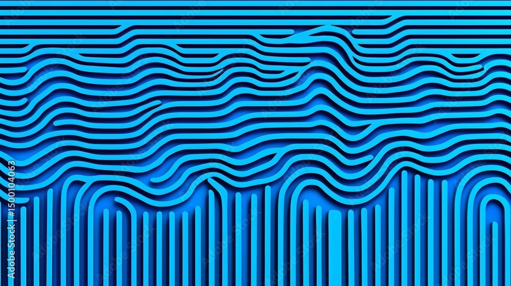 The image is a blue and white abstract painting with a blue wave pattern. The blue color is dominant and the white color is used to create contrast The image is a blue and white abstract painting with a blue wave pattern. The blue color is dominant and the white color is used to create contrast