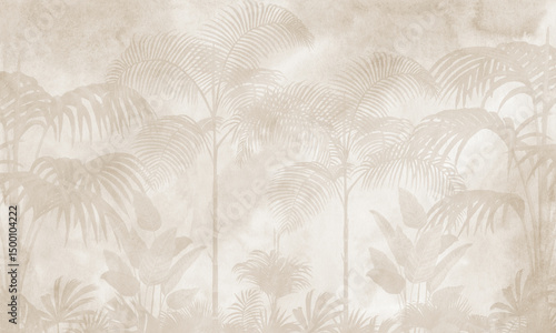 Soft Beige Tropical Palm Trees Illustration, Elegant Neutral Botanical Landscape Wallpaper
