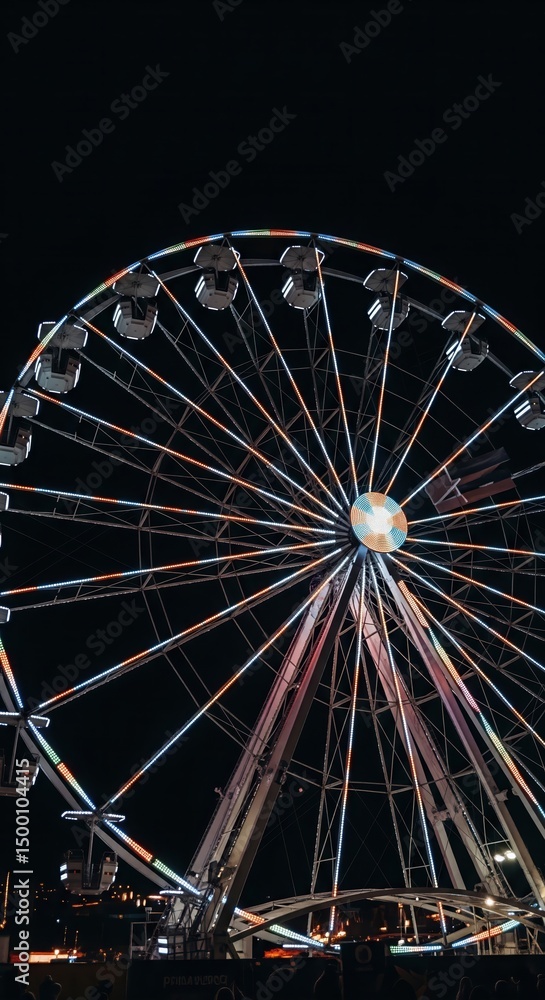 An illuminated Ferris wheel with colorful lights stands out against the dark night sky, offering a captivating view of the city lights in the background at amusement park at night . An illuminated Ferris wheel with colorful lights stands out against the dark night sky, offering a captivating view of the city lights in the background at amusement park at night .