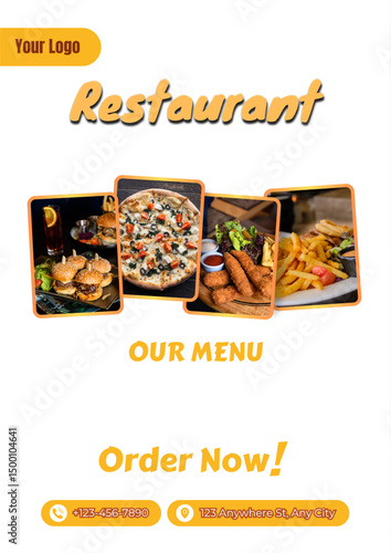 Restaurant food menu template with burgers pizza fries and more