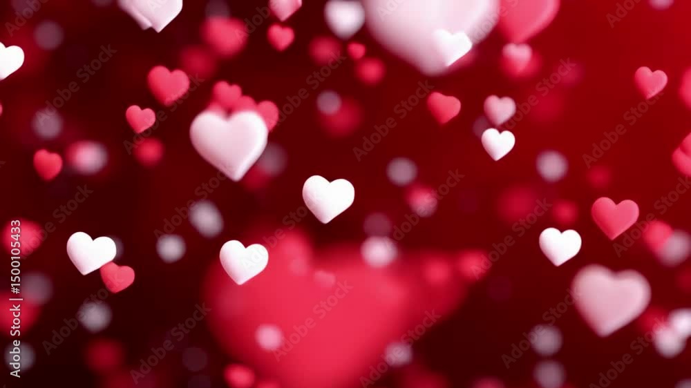 Red and white hearts float on a blurred burgundy background Red and white hearts float on a blurred burgundy background
