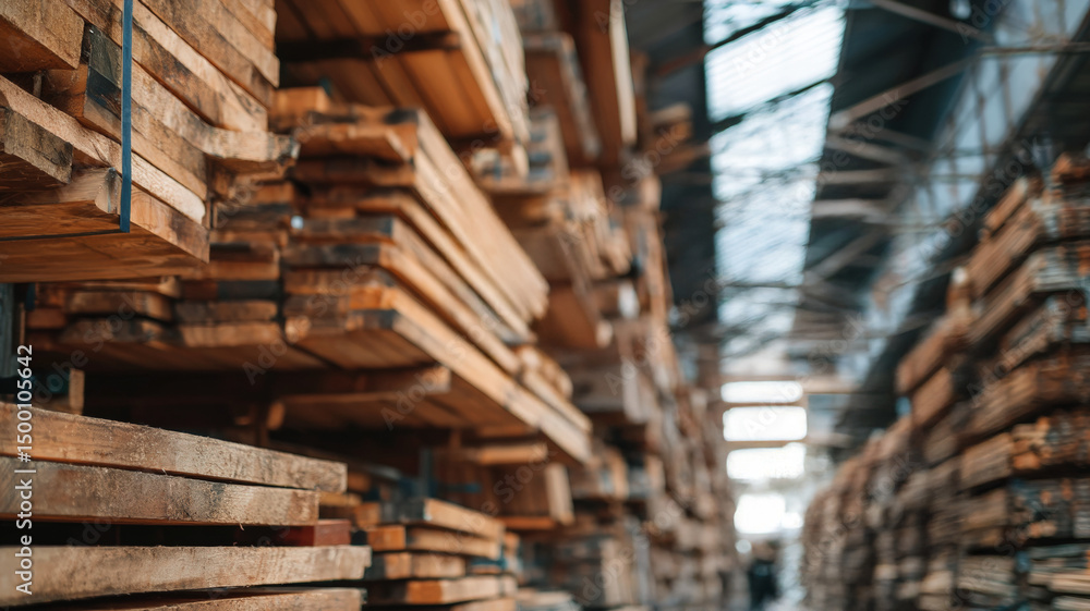 Obraz premium Industrial lumber warehouse interior with stacked wooden planks in blurred perspective view