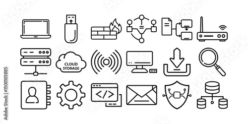 Cloud Storage Icon Set - Modern ICT & Technology Vector Illustration for Web and Apps, Line Icon Bundle
