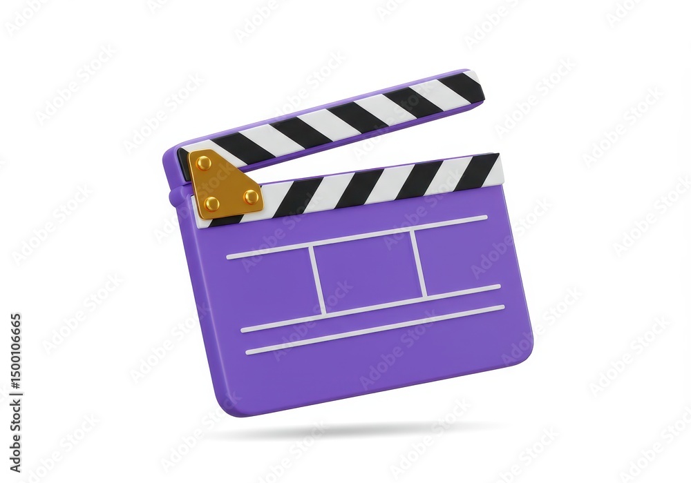Fototapeta premium 3D Illustration of Purple clapperboard with black and white stripes isolated on white background