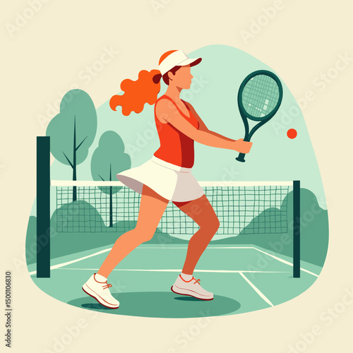 Young woman playing tennis on court with green background  
