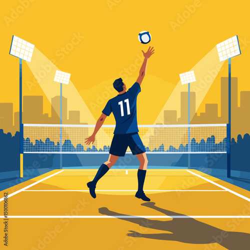 Male volleyball player serving ball on court under floodlights  