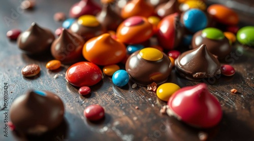 Colorful candy-coated chocolate drops scattered on a smooth surface, vibrant lighting, realistic photography style, no text, isolated, commercial food presentation
