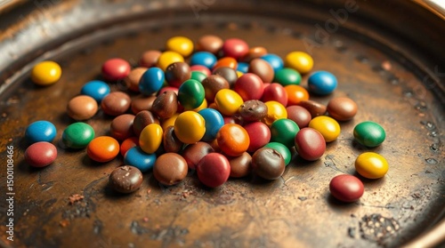 Colorful candy-coated chocolate drops scattered on a smooth surface, vibrant lighting, realistic photography style, no text, isolated, commercial food presentation
