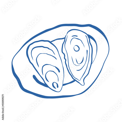 Two oysters on a round plate drawn by hand with uneven lines in minimal sketch style