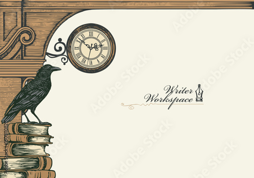 Vector banner with space for text on writer theme. Workplace. Vintage illustration with hand drawn books, vintage architecture, clock and crow or raven. No AI used