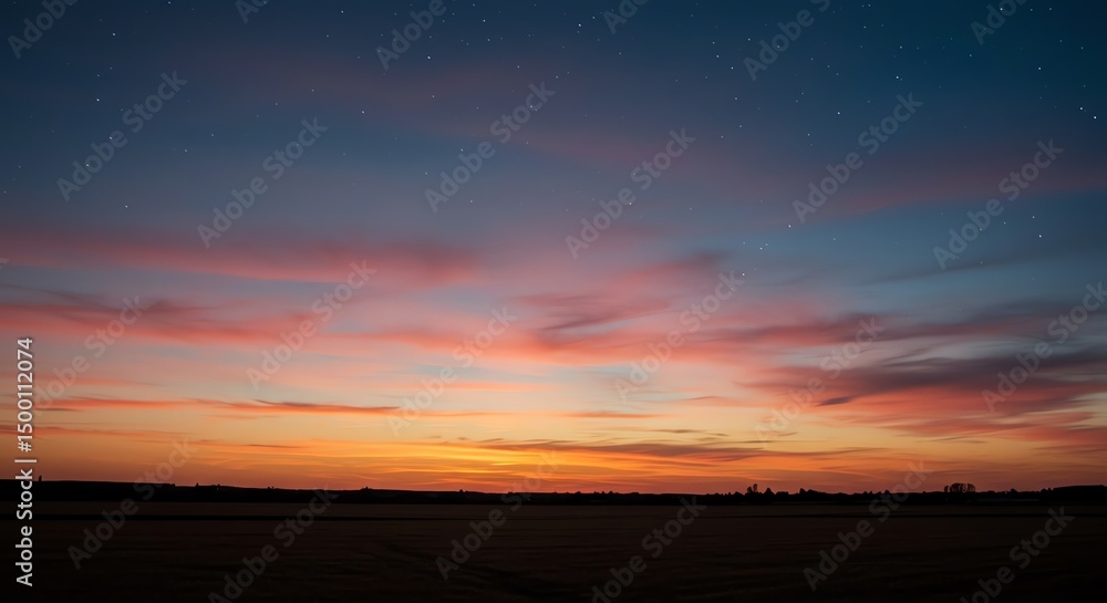 Obraz premium Dramatic sunset with vibrant colors over a dark field under a starry sky