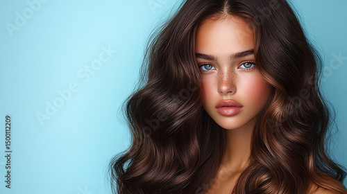 Wallpaper Mural Young model with long, wavy hair and blue eyes posing against a light blue background during a studio photoshoot Torontodigital.ca