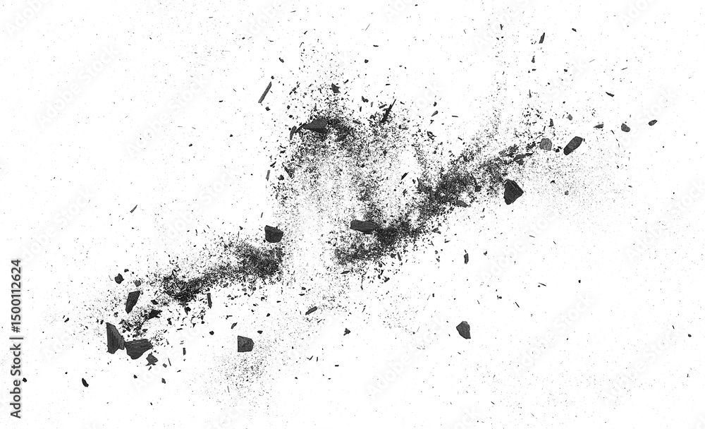Obraz premium Particles of charcoal on a white background, top view. Black charcoal pieces and dust.