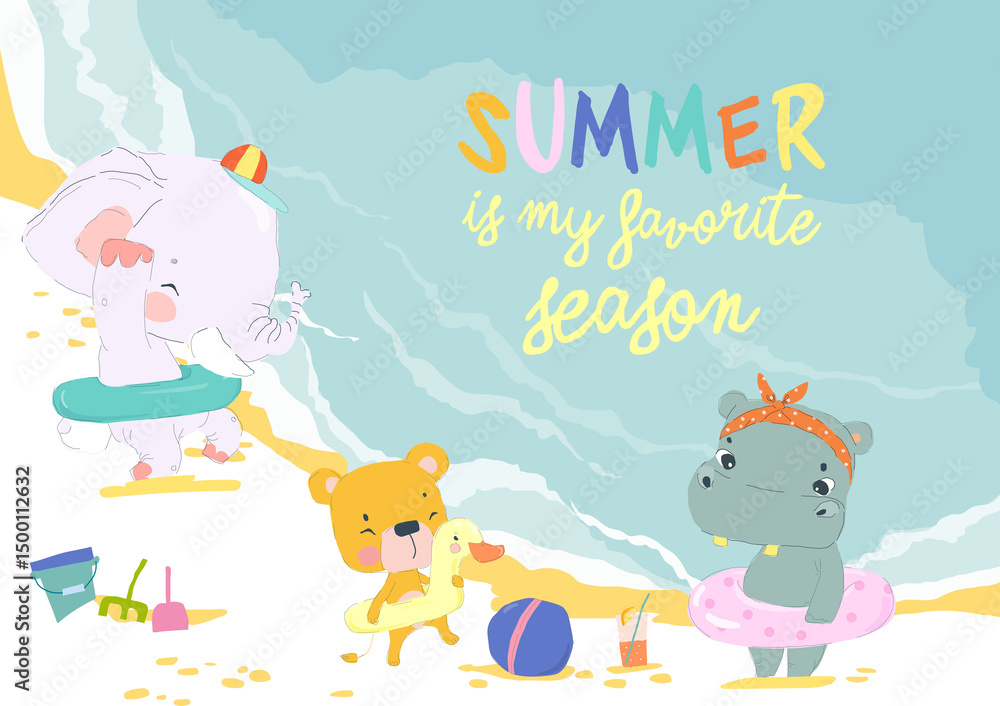 Fototapeta premium Funny Animals sunbath swimming in the Sea on Sea Beach Shores. Vector Illustration