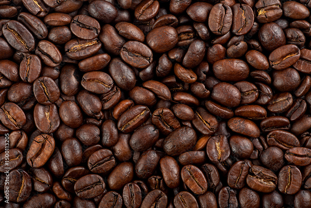 Fototapeta premium Aroma coffee beans as background, top view. Roasted beans texture.