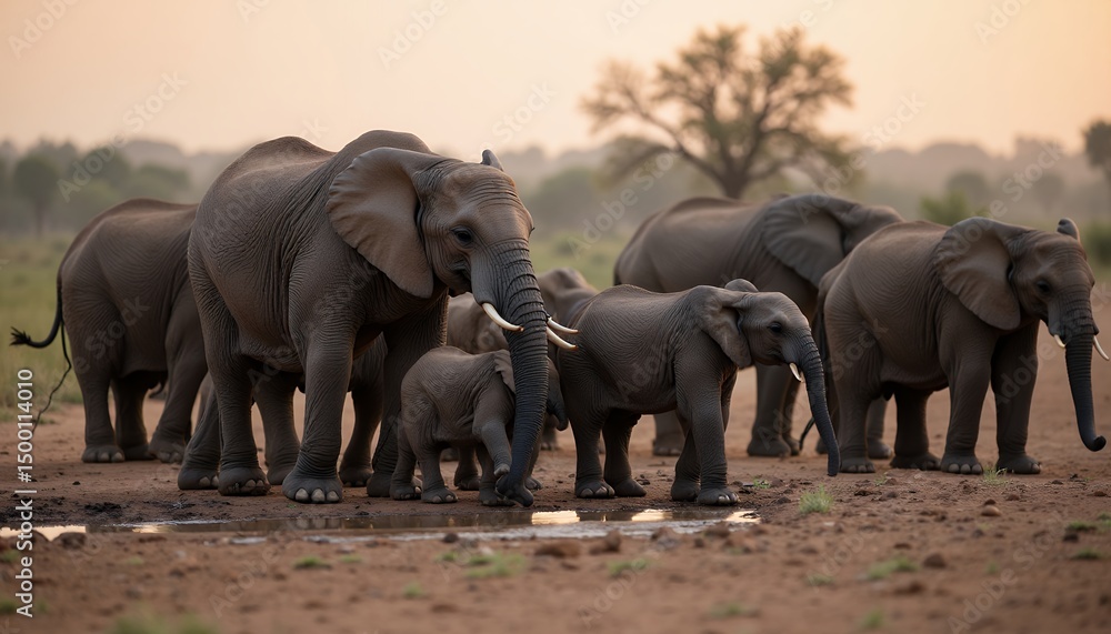 Fototapeta premium Elephants Herd Walking in Natural Habitat at Sunset