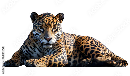 Jaguar, a large feline predator, lying down on a transparent background.