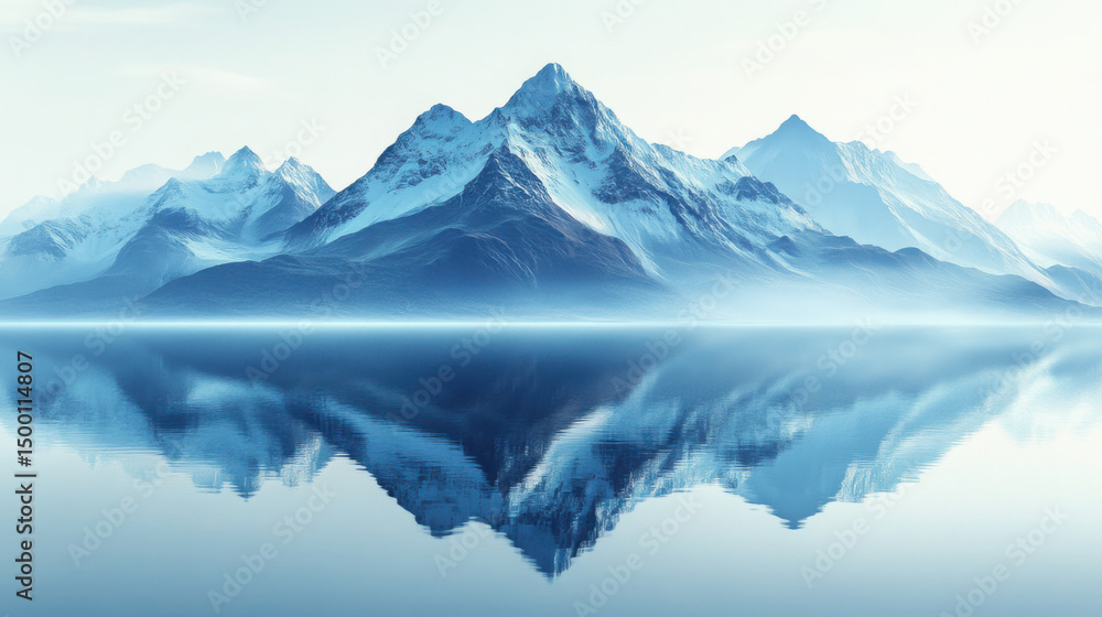 Fototapeta premium Blue mountain range with mirror image in lake with white background.