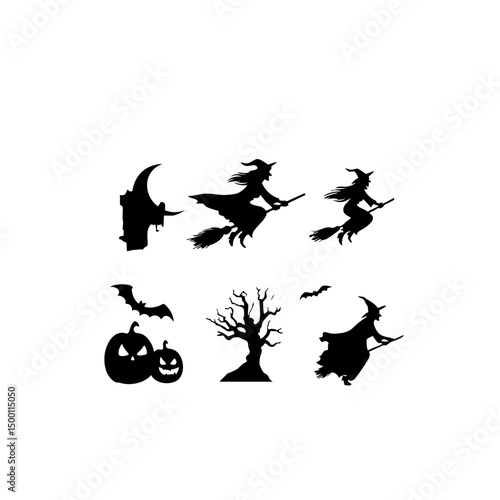 Ultra-Realistic Witch Silhouette Set - Flying Broomstick & Halloween Vector Pack