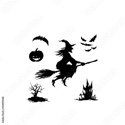 Ultra-Realistic Witch Silhouette Set - Flying Broomstick & Halloween Vector Pack