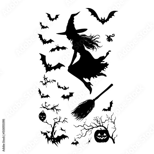Ultra-Realistic Witch Silhouette Set - Flying Broomstick & Halloween Vector Pack