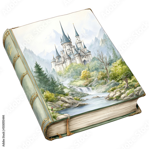 An antique book displays a fantasy castle landscape on its elaborate cover.