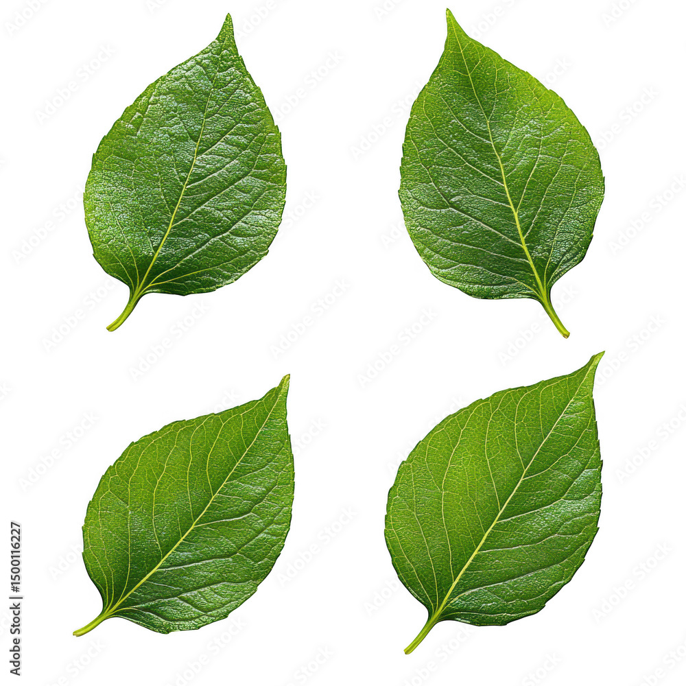 Fototapeta premium Four green leaves close up view on transparent background
