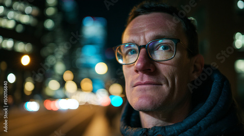Man with glasses looking up at night in city with blurred lights and buildings in the background