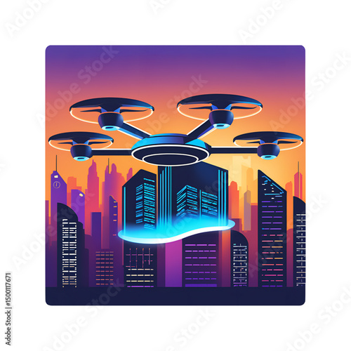 Futuristic drone delivery 3D icon with parcel box, minimal isometric style, tech-inspired logistics design. Modern digital vector element isolated on transparent background