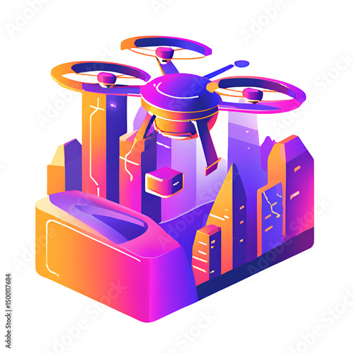 Futuristic drone delivery 3D icon with parcel box, minimal isometric style, tech-inspired logistics design. Modern digital vector element isolated on transparent background
