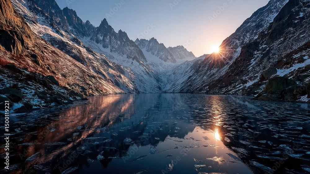 Obraz premium Icy lake mirrors sunlit, craggy mountain range