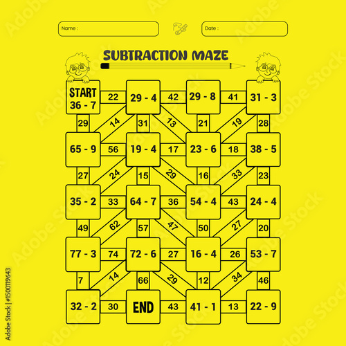 Subtraction maze puzzle worksheet for children