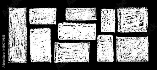 Kid doodle of rough rectangular shapes with white pastel wax texture, resembling chalkboard or charcoal squiggle art. Grunge school style or kindergarden hand-drawn vector illustration