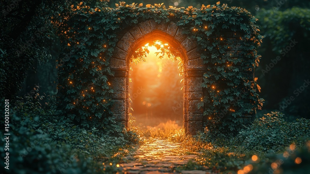 Fototapeta premium Ivy archway glows, path beckons into bright forest