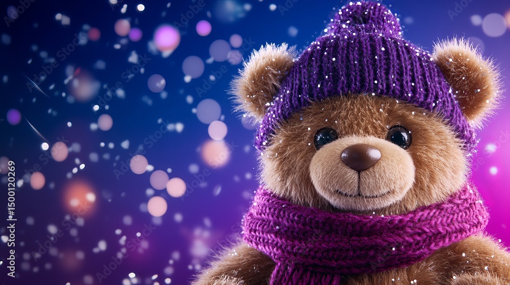Fototapeta premium Teddy bear wearing a purple knitted hat and scarf sits in front of a blurry blue and purple background with falling snow.