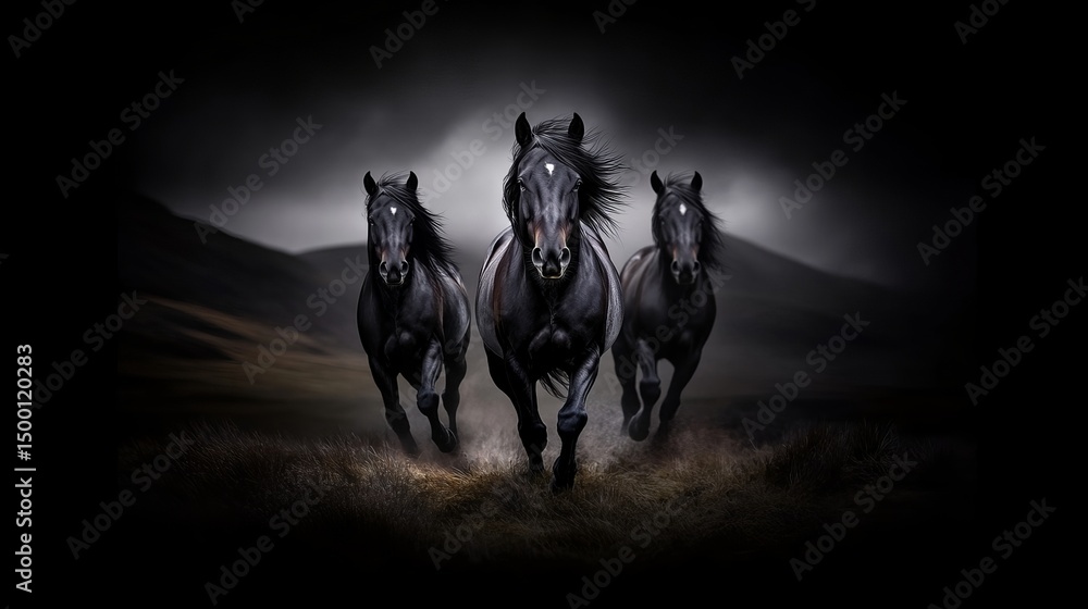 Fototapeta premium Three black horses are running forward on a grassy field with mountains in the background.