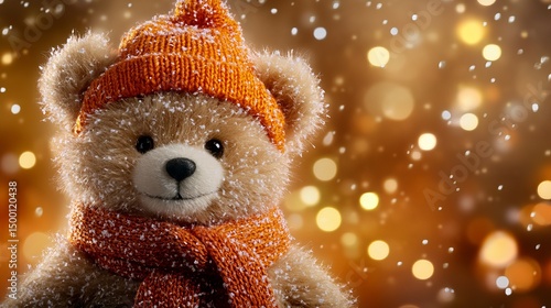 Wallpaper Mural Teddy bear wears a knitted hat and scarf amidst a bokeh background with snowfall. Torontodigital.ca