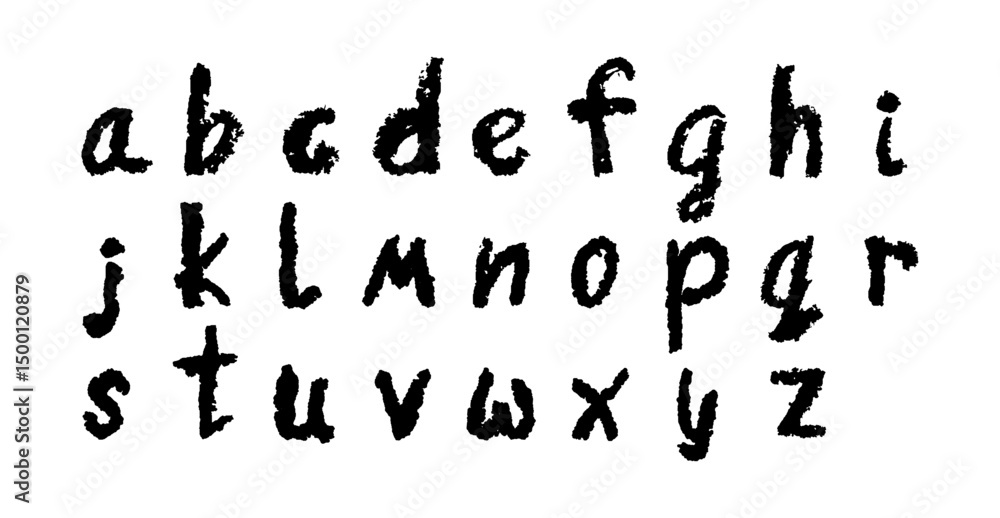 English alphabet hand-drawn in a crayon. Lowercase white letters in chalk, pastel, or wax style. Highlighter effect on black board for kindergarten drawing and learning. Vector illustration English alphabet hand-drawn in a crayon. Lowercase white letters in chalk, pastel, or wax style. Highlighter effect on black board for kindergarten drawing and learning. Vector illustration