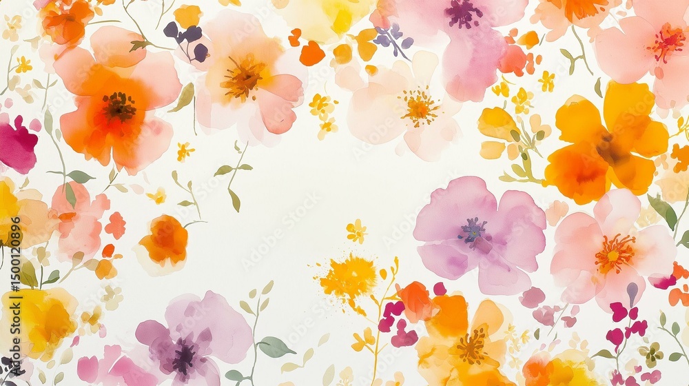 Obraz premium Seamless pattern of colorful flowers and leaves on a white background. the flowers are in various shades of pink, orange, yellow, and purple, with some yellow and red accents.