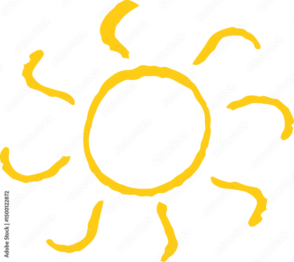 Fototapeta premium Cute yellow sun like kid drawing . Painted with pastel crayons or wax pencil sunny icon. Rough chalk or charcoal texture vector illustration in children style. Summer sky symbol. Design elements