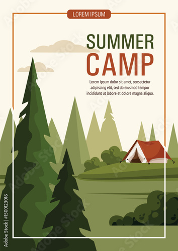 Summer camp banner, poster, flyer. Camping tent among fir trees in nature. Picnic, traveling, hiking concept