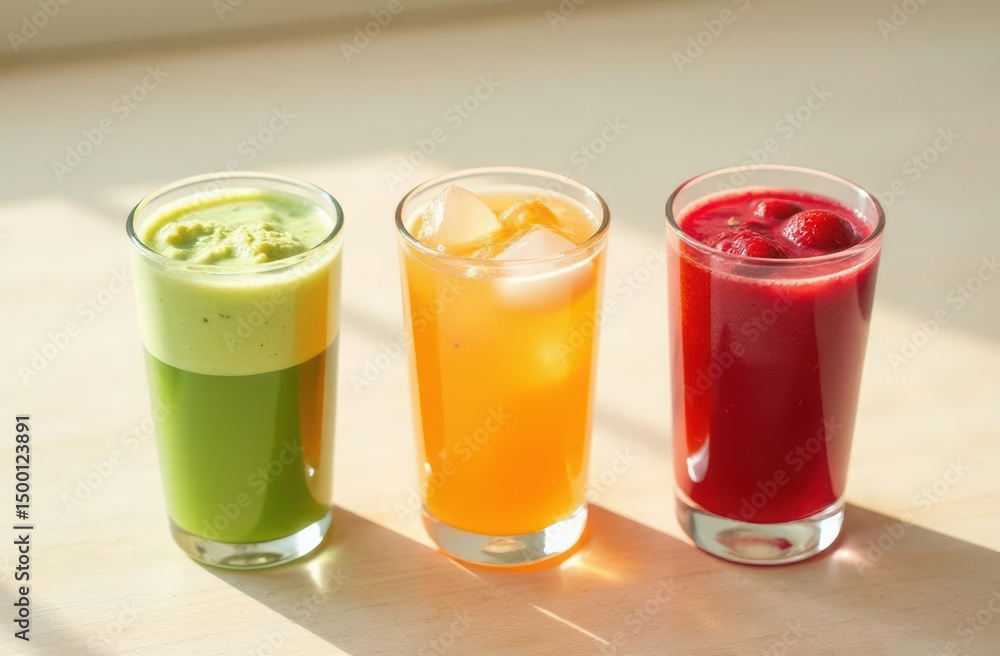 Refreshing trio of healthy fresh juices in sunlit glasses Refreshing trio of healthy fresh juices in sunlit glasses