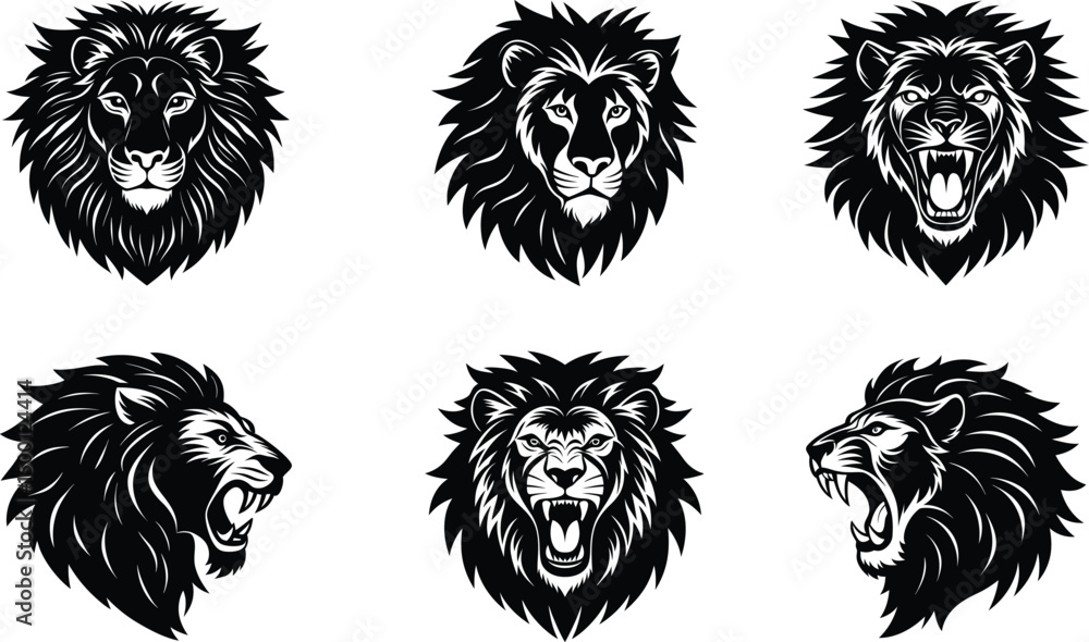 Obraz premium Angry black lion head face silhouette vector art, logotype, icon, lion face mascot set