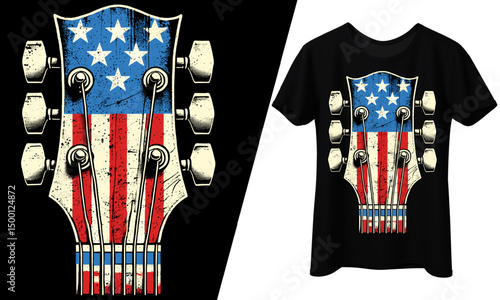 USA Flag Guitar Headstock, T-Shirt Design.