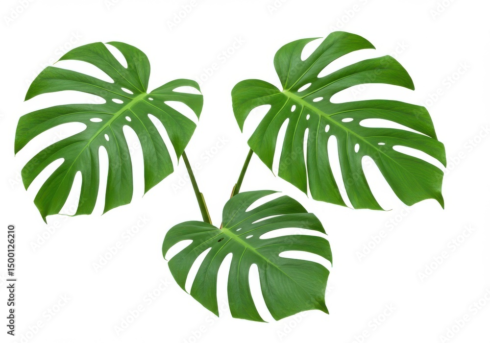 Obraz premium Three lush green monstera deliciosa leaves isolated on white