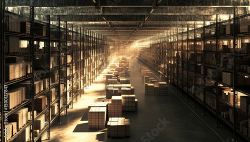 Wallpaper Mural Warehouse interior, sunlit aisle, filled with boxes Torontodigital.ca