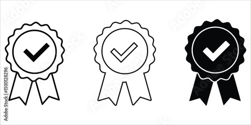 "Set of Checkmark Badge Vector Illustrations with Ribbons in Outline and Filled Black Styles for Achievement and Certification Designs"