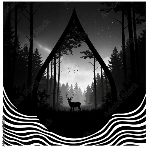  Deer in forest inside water drop shape in black and white for nature and conservation visuals