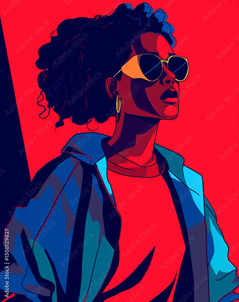 Fototapeta premium Red and Blue Powerful Bold Woman Portrait. Young Beauty Adult Female Character Avatar Illustration. Graphic Stylish Trendy Artwork.